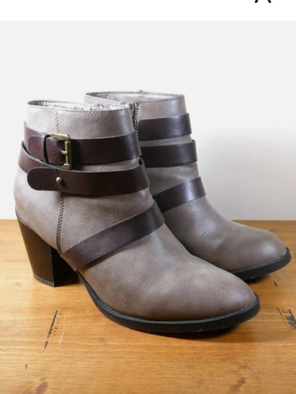 Sz 9 Rampage Brown Leather Ankle Boots Booties Heeled Zip Up ~ Excellent Strappy